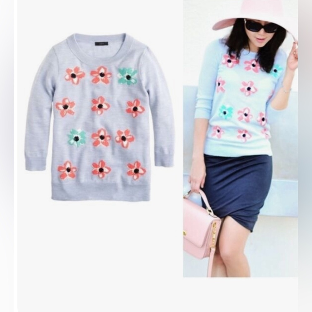 NWT- J. Crew 100% Merino Wool Tippi 3/4 Sleeve Crewneck Sweater Floral Sz S